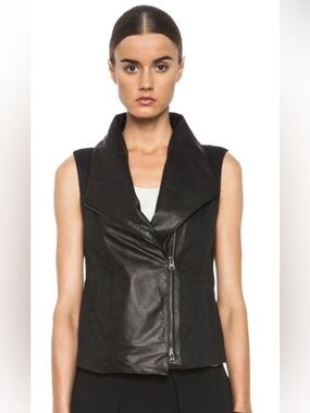 NWT Vince Leather Linen Blend Moto Vest in Black - XS